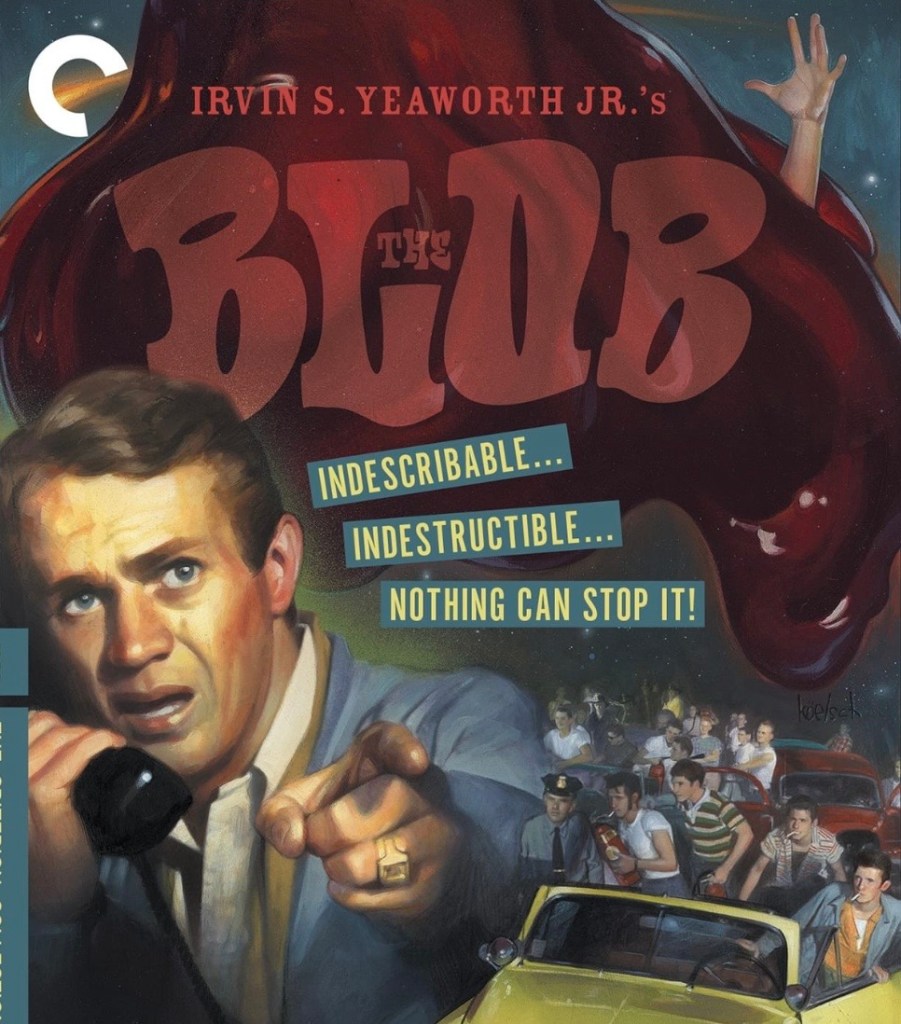 Vintage movie poster for 'The Blob' featuring a distressed man on the phone, pointing, with the blob looming behind him, and a crowd of people and cars in the background.