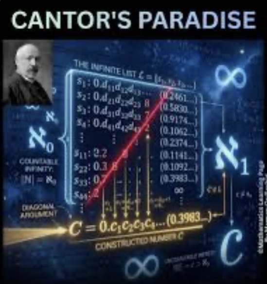 A graphical representation titled 'Cantor's Paradise', featuring mathematical equations related to infinity and Cantor's diagonal argument, alongside a portrait of Georg Cantor.