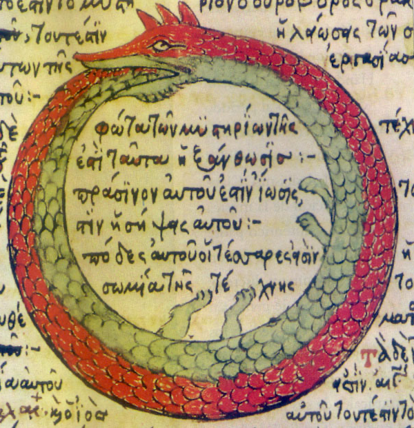 An illustration of an ouroboros, a serpent or dragon eating its own tail, surrounded by ancient Greek text.