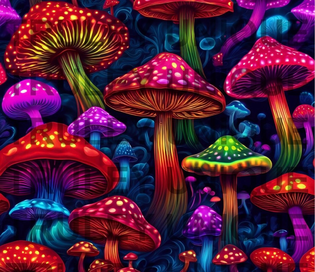 A vibrant and colorful illustration of various mushrooms with bright red, pink, purple, and green hues against a dark background.