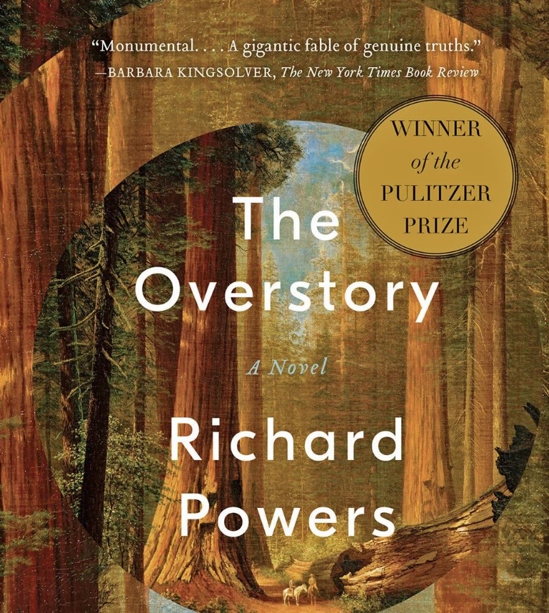 Cover of the novel 'The Overstory' by Richard Powers, featuring a scenic image of tall trees and a forest landscape, with a circular Pulitzer Prize winner badge in the corner.